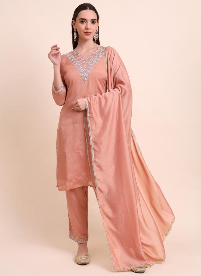 Silk Blend Peach Festival Wear Embroidery Work Readymade Kurti Set